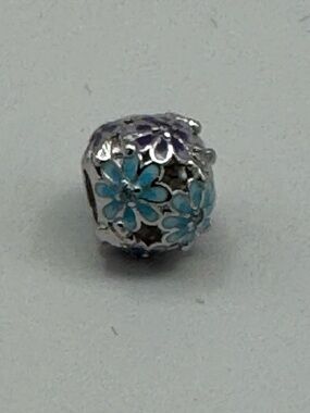 Sterling Silver Floral Charm Bead for Pandora Bracelets with Blue Flowers
